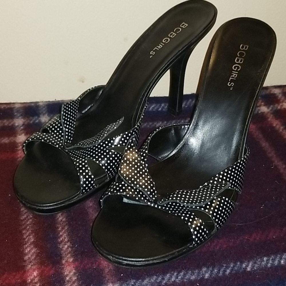 BCBGirls black polka dot heeled sandals